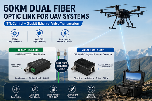 กรณี บริษัท ล่าสุดเกี่ยวกับ 60KM Dual Fiber Optic Link for UAV Systems: TTL Control + Gigabit Ethernet Video Transmission