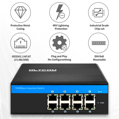 Gigabit Industrial Unmanaged PoE Media Converter 8 Port 120W 240W DC48V การออก