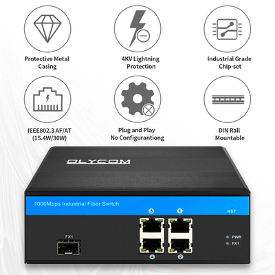 Gigabit 5 Port Ethernet POE ไฟเบอร์สวิตช์ 120W งบประมาณไม่จัดการสล็อต SFP อุตสาหกรรม