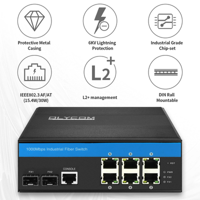 8 Port Gigabit L2 Managed Switch Industrial PoE Ethernet 2.5G ออปติกัล อัพลิงค์ CE DIN35