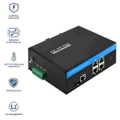 สวิตช์อีเธอร์เน็ตอุตสาหกรรมอัจฉริยะแบบจัดการได้ 5 พอร์ต Gigabit Network SFP Fiber Ports IP40