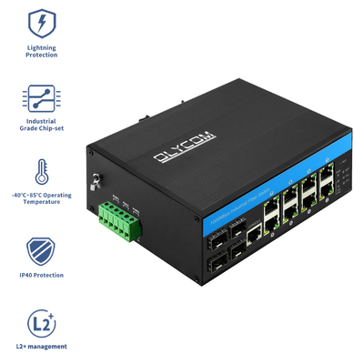12 Port Managed DC48v Industrial Poe Switch Din Rail Gigabit Ethernet ไฟเบอร์สวิทช์