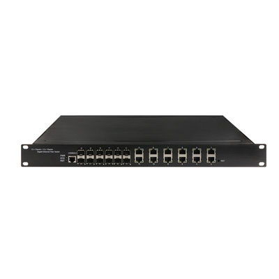 สวิตช์ POE แบบจัดการอุตสาหกรรม 12 RJ45 12 SFP L2 Managed Rack Mounted 340W POE Budget สำหรับการเฝ้าระวัง CCTV