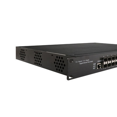 สวิตช์ POE แบบจัดการอุตสาหกรรม 12 RJ45 12 SFP L2 Managed Rack Mounted 340W POE Budget สำหรับการเฝ้าระวัง CCTV
