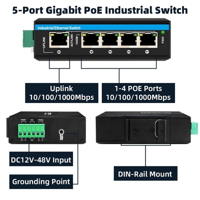 5 ท่าจิกาบิตความแรงกระตุ้นความแรง 12-48VDC ทางเข้าอุตสาหกรรม POE เครือข่ายสวิทช์