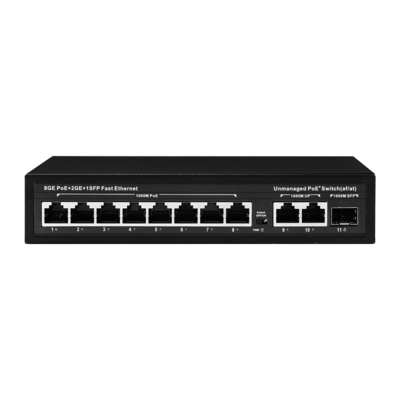 สวิตช์ POE ที่ไม่มีการจัดการ 120W 8 PoE 10/100/1000Mbps + 2 LAN 10/100/1000Mbps + 1SFP 100/1000M