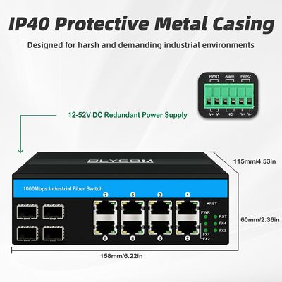 สวิตช์อุตสาหกรรมจัดการ Layer 3 Gigabit Ethernet 12 พอร์ต ERPS RSTP ราง DIN CE