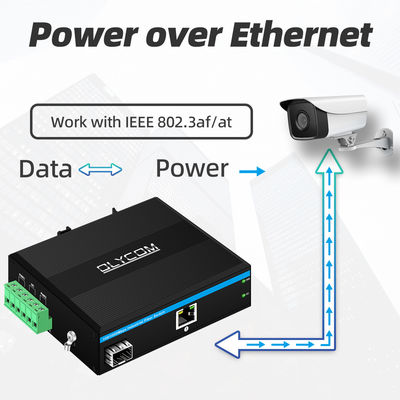 ตัวแปลงสื่อ Gigabit PoE สำหรับอุตสาหกรรม 30W เอาต์พุต 48V ติดตั้งบนราง DIN แบบไม่มีการจัดการ