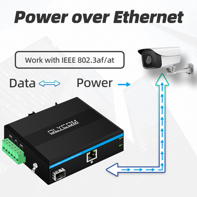เครื่องแปลงสื่อ PoE อุตสาหกรรม Gigabit Ethernet 30W 48V Output Din Rail ไม่จัดการ
