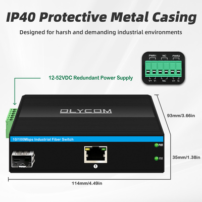 Mini 2 Port 10/100mpbs เครื่องแปลงสื่อไฟเบอร์ด้วย 1RJ45+1SFP LC Ethernet Switch สําหรับใช้ในกลางแจ้ง