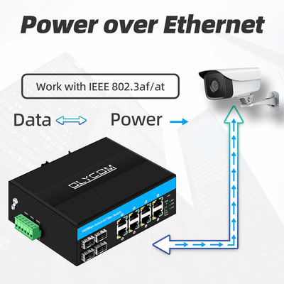 กิ๊กกะบิต 12 Port Industrial PoE Ethernet Switch IEEE 802.3af/at RJ45 DIN สวิตช์ติดตั้งรถไฟฟ้า