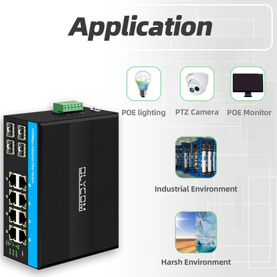กิ๊กกะบิต 12 Port Industrial PoE Ethernet Switch IEEE 802.3af/at RJ45 DIN สวิตช์ติดตั้งรถไฟฟ้า