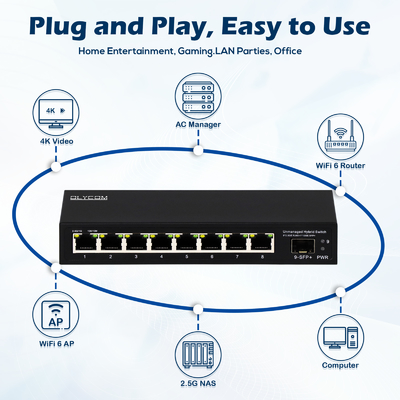 9 Port Unmanaged 2.5G Ethernet Switch With 10G Uplink SFP Port ความกว้างแบนด์เพลนหลัง 60Gbps