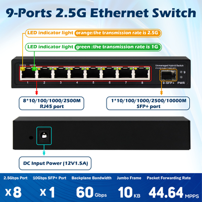 9 Port Unmanaged 2.5G Ethernet Switch With 10G Uplink SFP Port ความกว้างแบนด์เพลนหลัง 60Gbps