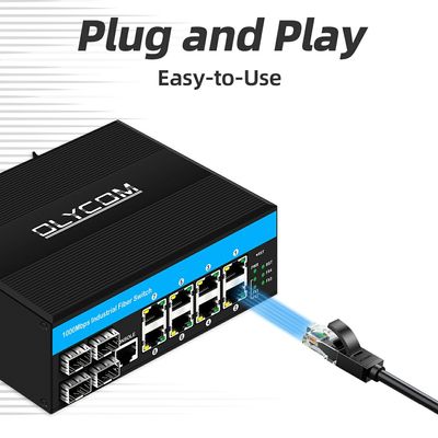 สวิตช์จัดการ Gigabit 12 พอร์ต 4SFP+8RJ45 สวิตช์ Ethernet จัดการอุตสาหกรรมพร้อมอินพุตพลังงานคู่สำหรับเครือข่าย DIN-Rail