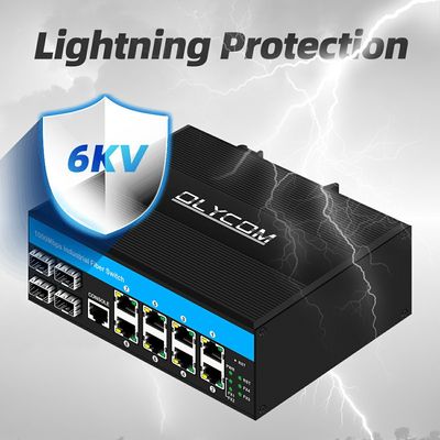 สวิตช์จัดการ Gigabit 12 พอร์ต 4SFP+8RJ45 สวิตช์ Ethernet จัดการอุตสาหกรรมพร้อมอินพุตพลังงานคู่สำหรับเครือข่าย DIN-Rail