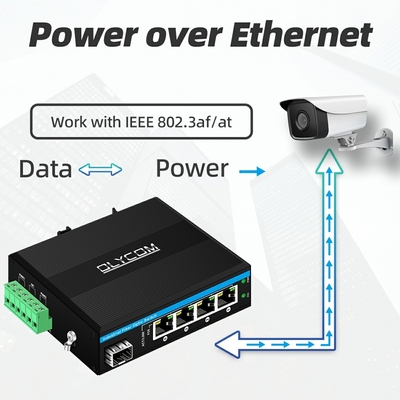 5 Port Industrial Poe Network Switch DC12/24/48V การเข้า 1SFP+4RJ45 การปรับ Ethernet กิกะบิต