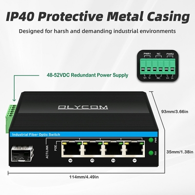 5 Port Industrial Poe Network Switch DC12/24/48V การเข้า 1SFP+4RJ45 การปรับ Ethernet กิกะบิต