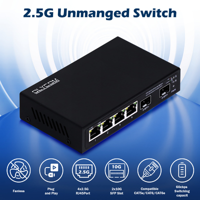 สวิตช์เอเธอร์เน็ต 10G ไม่จัดการ 4 ท่า 2.5G เอเธอร์เน็ต สวิตช์ด้วยท่า 10G SFP +