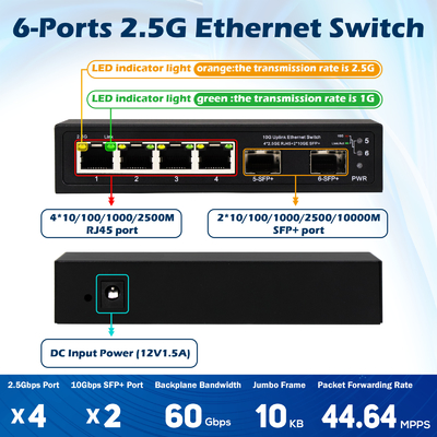 สวิตช์เอเธอร์เน็ต 10G ไม่จัดการ 4 ท่า 2.5G เอเธอร์เน็ต สวิตช์ด้วยท่า 10G SFP +