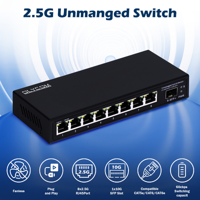 10G Ethernet Switch เครือข่ายที่ไม่จัดการ 8*2.5G RJ45+1*10G SFP Ports