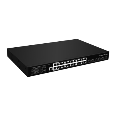 24 ท่า 2.5G PoE Switch 10G Fiber Uplink L3 บริหาร Ethernet 400W Budget AC Input