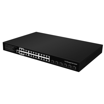 24 ท่า 2.5G PoE Switch 10G Fiber Uplink L3 บริหาร Ethernet 400W Budget AC Input