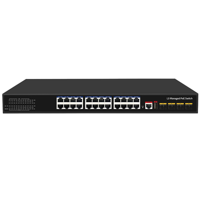 24 Port PoE Switch 10G Fiber300W Budget USB Console L3 การเข้า AC ที่บริหาร