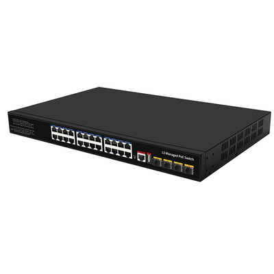 24 Port PoE Switch 10G Fiber300W Budget USB Console L3 การเข้า AC ที่บริหาร