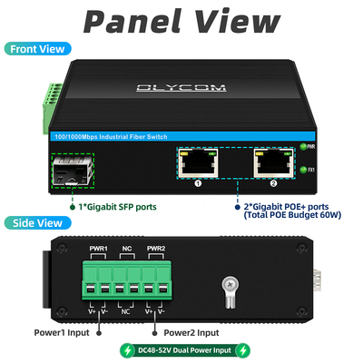 เครื่องแปลงไฟเบอร์ออปติกขนาดเล็ก เครื่องเปลี่ยนอีเทอร์เน็ตอุตสาหกรรม Poe Switch DC48V Input