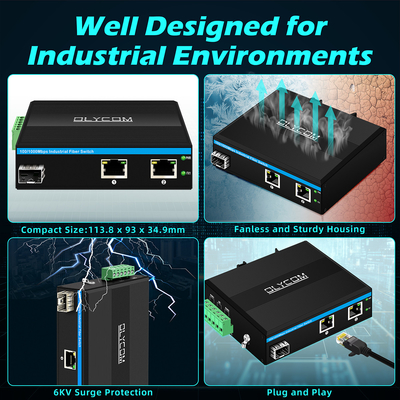 เครื่องแปลงไฟเบอร์ออปติกขนาดเล็ก เครื่องเปลี่ยนอีเทอร์เน็ตอุตสาหกรรม Poe Switch DC48V Input