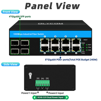สวิตช์อีเธอร์เน็ตอุตสาหกรรม 8 ท่าจิกาบิต โพ 4SFP+8RJ45 DC48V