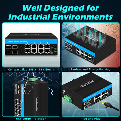 สวิตช์อีเธอร์เน็ตอุตสาหกรรม 8 ท่าจิกาบิต โพ 4SFP+8RJ45 DC48V