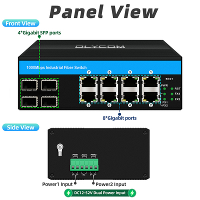 12 Port Industrial Ethernet Switch Din Network Switch 4SFP+8RJ45 DC12-52V แหล่งไฟฟ้าคู่