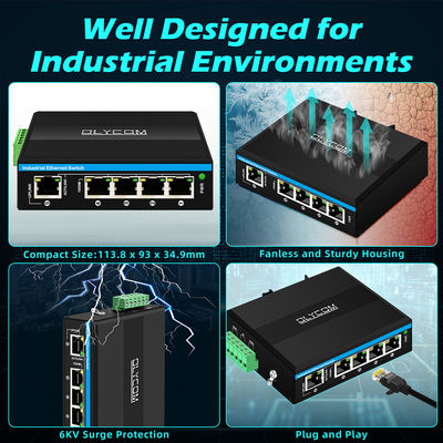 5 Port E-Mark Certified Industrial Ethernet Switch พร้อมการป้องกันความแรงกระตุ้น 6KV และความเร็วเครือข่าย Gigabit