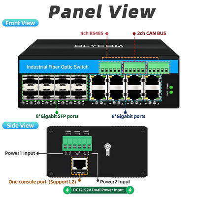 สวิตช์ไฟเบอร์อุตสาหกรรมแบบจัดการ พร้อม CAN Bus RS485 6 พอร์ต สำหรับใช้งานหนักแบบไร้พัดลม ระดับ IP40
