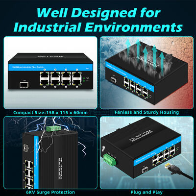 8 Port Industrial POE Switch with 6KV Surge Protection and 240W Total Budget for CCTV Systems