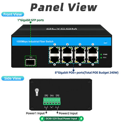 8 Port Industrial POE Switch with 6KV Surge Protection and 240W Total Budget for CCTV Systems