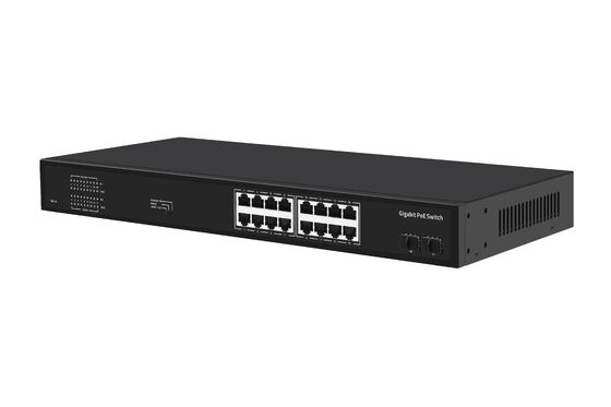 16 Port Gigabit PoE Switch 1G Fiber Uplinks Single AC Input 300W Budget CE Fanless