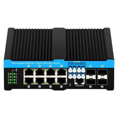 สวิตช์บายพาสไฟเบอร์อุตสาหกรรมพร้อมพอร์ต SFP+ 4x10G และพอร์ต PoE 8x10/100/1000Mbps สำหรับสภาพแวดล้อมที่รุนแรง