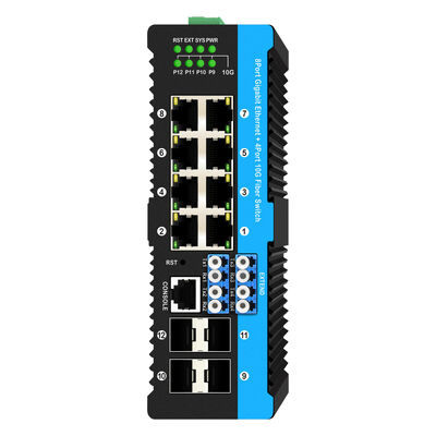 สวิตช์บายพาสไฟเบอร์อุตสาหกรรมพร้อมพอร์ต SFP+ 4x10G และพอร์ต PoE 8x10/100/1000Mbps สำหรับสภาพแวดล้อมที่รุนแรง
