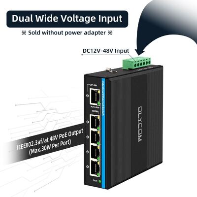 4 Port Voltage Booster PoE Switch DC12-48V Input สําหรับระบบพลังงานแสงอาทิตย์