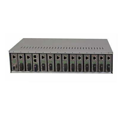 14 สล็อต เครื่องแปลงสื่อ ราคชาสิส 19 นิ้ว 2U Dual AC220V สําหรับเครื่องแปลงสื่อไฟเบอร์ CE