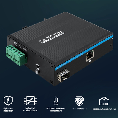 2 พอร์ต 30W Gigabit Industrial Ethernet Fiber Media Converter DC48V การติดตั้งราง Din